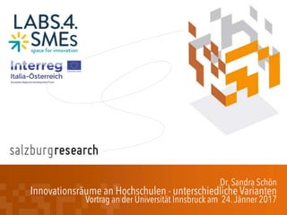 Dr. Sandra Schön
Innovationsräume an Hochschulen - unterschiedliche Varianten
Vortrag an der Universität Innsbruck am 24.Jänner 2017
 
