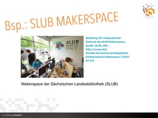 Bsp.: SLUB MAKERSPACE
Makerspace der Sächsischen Landesbibliothek (SLUB)
 