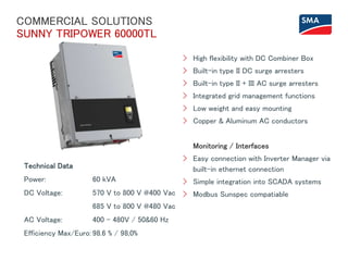 > High flexibility with DC Combiner Box
> Built-in type II DC surge arresters
> Built-in type II + III AC surge arresters
> Integrated grid management functions
> Low weight and easy mounting
> Copper & Aluminum AC conductors
Monitoring / Interfaces
> Easy connection with Inverter Manager via
built-in ethernet connection
> Simple integration into SCADA systems
> Modbus Sunspec compatiable
COMMERCIAL SOLUTIONS
SUNNY TRIPOWER 60000TL
Technical Data
Power: 60 kVA
DC Voltage: 570 V to 800 V @400 Vac
685 V to 800 V @480 Vac
AC Voltage: 400 - 480V / 50&60 Hz
Efficiency Max/Euro: 98.6 % / 98,0%
 