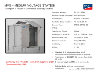MVS – MEDIUM VOLTAGE STATION
1. ONAN = Oil Natural Air Natural Cooling
2. Ring Main Unit = Cable In + Cable Out + Transformer
Compact – Flexible – Convenient turn-key solution
Operating Voltages: 6.6 kV — 33 kV
Medium Voltage Switchgear: Ring-Main-Unit
Rated Power : 600 kVA - 1800 kVA
Inputs for String Inverters: 10, 15, 20, 25, 30
Inverter Type: STP60, STPTL-30,
STP50
Transformer Cooling: ONAN
Dimensions (L x H x W): 2.99 m x 2.59 m x 2.43 m
Minimum Lead Time: 10 weeks ex works
Enclosure Colours: Grey (RAL7004)
Availability: From 12/2015
Weight: < 10 t
 Standard 10 ft. shipping container with 2
containers mechanically connected for shipping
 Type tested to IEC62271-202 incl. arc flash IAC A
20 kA 1s
 5 year warranty from SMA on all components
 Full plug & play with pre-commissioned
components
Quoted by the ‘Projects’ team. SMA supply to order.
Commissioned by SMA
 