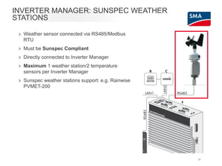 30
INVERTER MANAGER: SUNSPEC WEATHER
STATIONS
> Weather sensor connected via RS485/Modbus
RTU
> Must be Sunspec Compliant
> Directly connected to Inverter Manager
> Maximum 1 weather station/2 temperature
sensors per Inverter Manager
> Sunspec weather stations support: e.g. Rainwise
PVMET-200
 