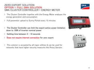 ZERO EXPORT SOLUTION
OPTION 1: FULL SMA SOLUTION
SMA CLUSTER CONTROLLER + ENERGY METER
> The Cluster Controller together with the Energy Meter analyses the
energy generation and consumption.
> Full parameter upload to Sunny Portal every 15 minutes
> The Cluster Controller can limit the export active power limitation
down to 100% of inverter nominal power
> Settling time between 3 – 10 seconds
> Does not require internet connection for zero export
> This solution is accepted by all major utilities & can be used for
networks that have higher security measures like Proxy Servers
34
 
