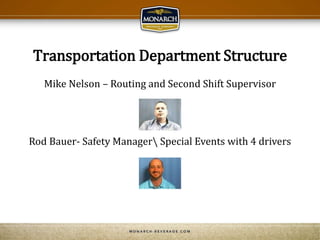 Transportation Department Structure
Mike Nelson – Routing and Second Shift Supervisor
Rod Bauer- Safety Manager Special Events with 4 drivers
 