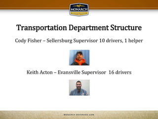 Transportation Department Structure
Cody Fisher – Sellersburg Supervisor 10 drivers, 1 helper
Keith Acton – Evansville Supervisor 16 drivers
 