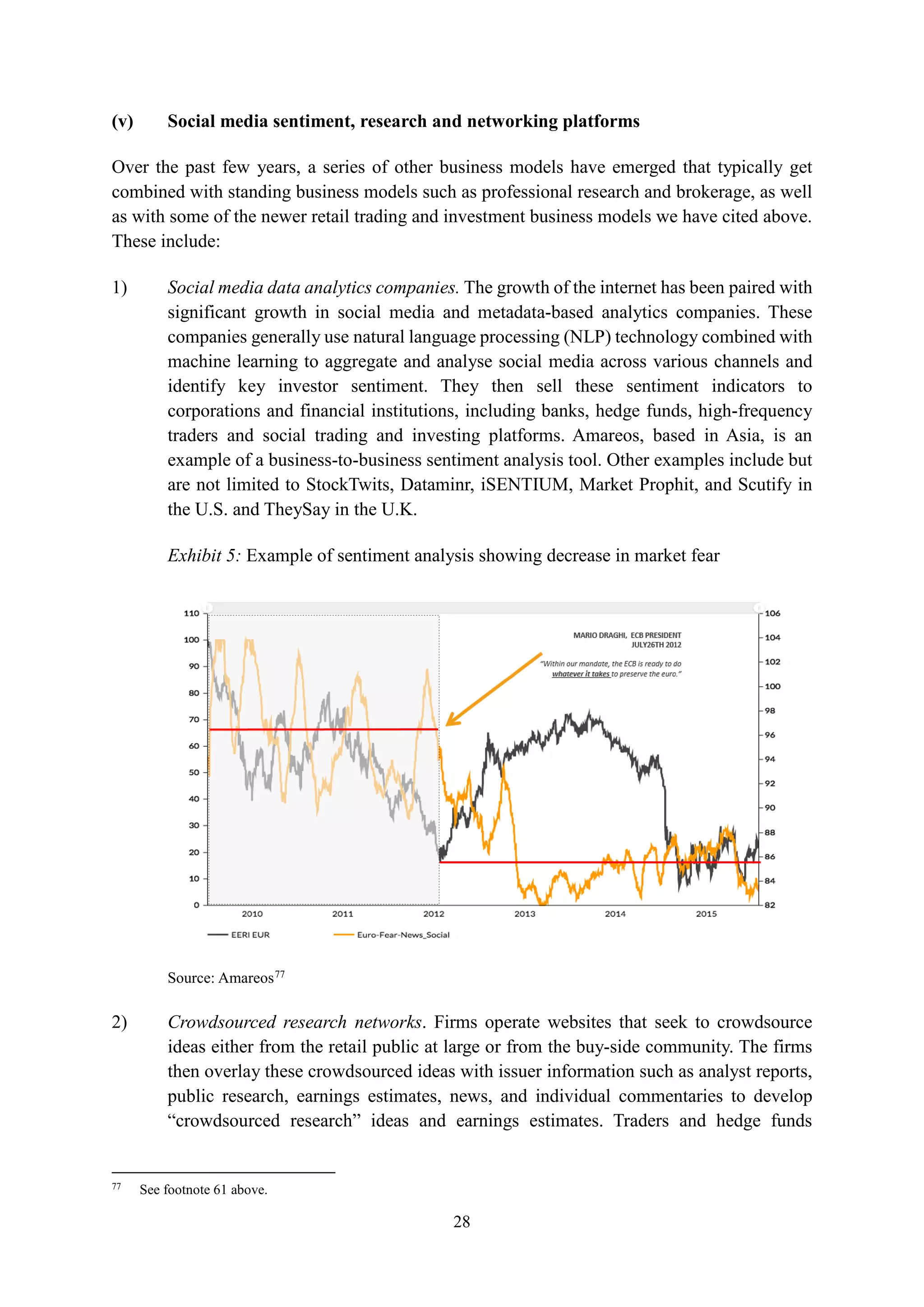 28
(v) Social media sentiment, research and networking platforms
Over the past few years, a series of other business models have emerged that typically get
combined with standing business models such as professional research and brokerage, as well
as with some of the newer retail trading and investment business models we have cited above.
These include:
1) Social media data analytics companies. The growth of the internet has been paired with
significant growth in social media and metadata-based analytics companies. These
companies generally use natural language processing (NLP) technology combined with
machine learning to aggregate and analyse social media across various channels and
identify key investor sentiment. They then sell these sentiment indicators to
corporations and financial institutions, including banks, hedge funds, high-frequency
traders and social trading and investing platforms. Amareos, based in Asia, is an
example of a business-to-business sentiment analysis tool. Other examples include but
are not limited to StockTwits, Dataminr, iSENTIUM, Market Prophit, and Scutify in
the U.S. and TheySay in the U.K.
Exhibit 5: Example of sentiment analysis showing decrease in market fear
Source: Amareos77
2) Crowdsourced research networks. Firms operate websites that seek to crowdsource
ideas either from the retail public at large or from the buy-side community. The firms
then overlay these crowdsourced ideas with issuer information such as analyst reports,
public research, earnings estimates, news, and individual commentaries to develop
“crowdsourced research” ideas and earnings estimates. Traders and hedge funds
77
See footnote 61 above.
 