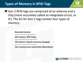 Types of Memory in RFID Tags
Gen 2 RFID tags are comprised of an antenna and a
chip (more accurately called an integrated circuit, or
IC). The ICs for Gen 2 tags contain four types of
memory:
Reserved memory
--------------------------------
EPC memory (EPC Code)
-----------------------------------
TID memory (Tag ID cannot be changed)
----------------------------------
User memory (can record extra information)
 