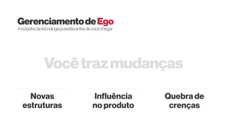 Vocêtrazmudanças
GerenciamentodeEgo
Novas
estruturas
Influência
no produto
Quebra de
crenças
Aindústriadetecnologiajáexistiaantesdevocêchegar
 