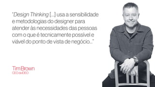 “Design Thinking […] usa a sensibilidade
e metodologias do designer para
atender às necessidades das pessoas
com o que é tecnicamente possível e
viável do ponto de vista de negócio…”
TimBrown
CEOdaIDEO
 