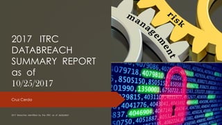 2017 ITRC
DATABREACH
SUMMARY REPORT
as of
10/25/2017
Cruz Cerda
2017 Breaches Identified by the ITRC as of 10/25/2017
 