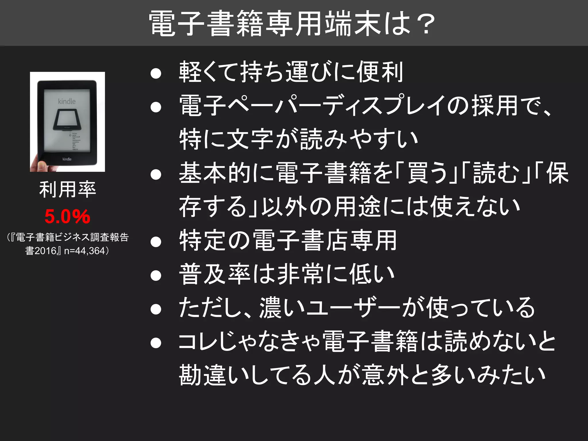 電子書籍専用端末は？
● 軽くて持ち運びに便利
● 電子ペーパーディスプレイの採用で、
特に文字が読みやすい
● 基本的に電子書籍を「買う」「読む」「保
存する」以外の用途には使えない
● 特定の電子書店専用
● 普及率は非常に低い
● ただし、濃いユーザーが使っている
● コレじゃなきゃ電子書籍は読めないと
勘違いしてる人が意外と多いみたい
利用率
5.0％
（『電子書籍ビジネス調査報告
書2016』 n=44,364）
 