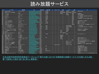 読み放題サービス
日本出版学会春季研究発表会ワークショップ“電子出版における「定額制読み放題サービス」が出版に与える影
響”で使用した資料（見て歩く者 by 鷹野凌）
 