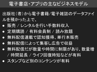 電子書店・アプリの主なビジネスモデル
出版社（者）から電子書籍/電子雑誌のデータファイ
ルを預かった上で、
● 販売 / レンタルを行い手数料収入
● 定期購読 / 有料会員制 / 読み放題
● 無料配信連載で認知獲得、単行本販売
● 無料配信によって集客し広告で収益
● 無料配信だが数量や時間に制限があり、数量増
/ 時間延長 / ライフ回復時短などが有料
● スタンプなど別のコンテンツが有料
 