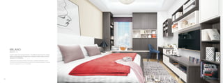 MILANO
Custom make a harmonious bedroom. The deliberate window built-in allows
lights in and brings extra storage space. Hanging module is always loved by
designers for its flexibility.
0605
Bedroom // Da
BEDROOM
Custom fare una camera da letto armonioso. La finestra deliberata built-in
permette luci e porta spazio di archiviazione extra. Modulo appeso è sempre
amato da Designer per la sua flessibilità.
 