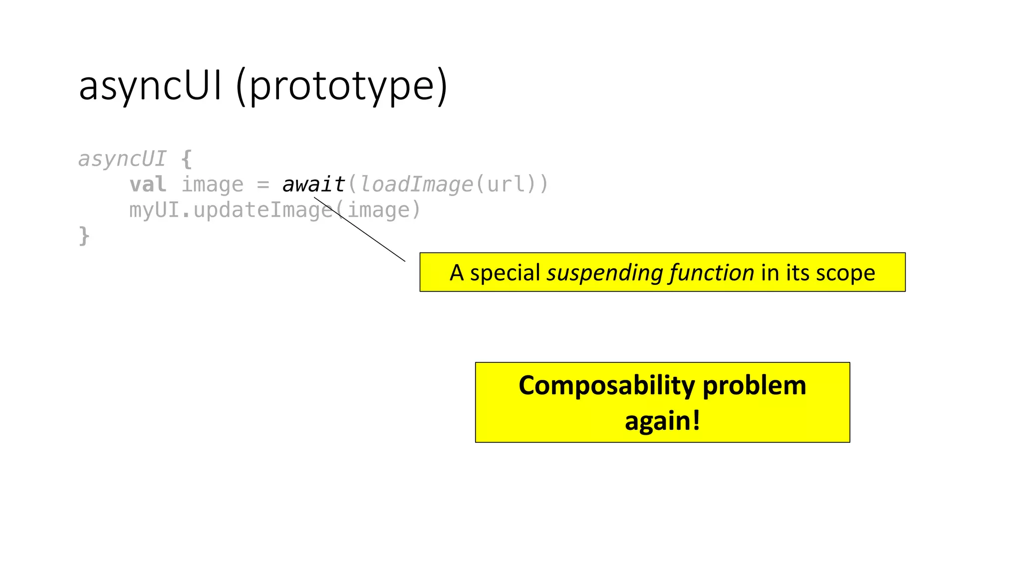 asyncUI (prototype)
asyncUI {
val image = await(loadImage(url))
myUI.updateImage(image)
}
A	special	suspending	function in	its	scope
Composability	problem	
again!
 