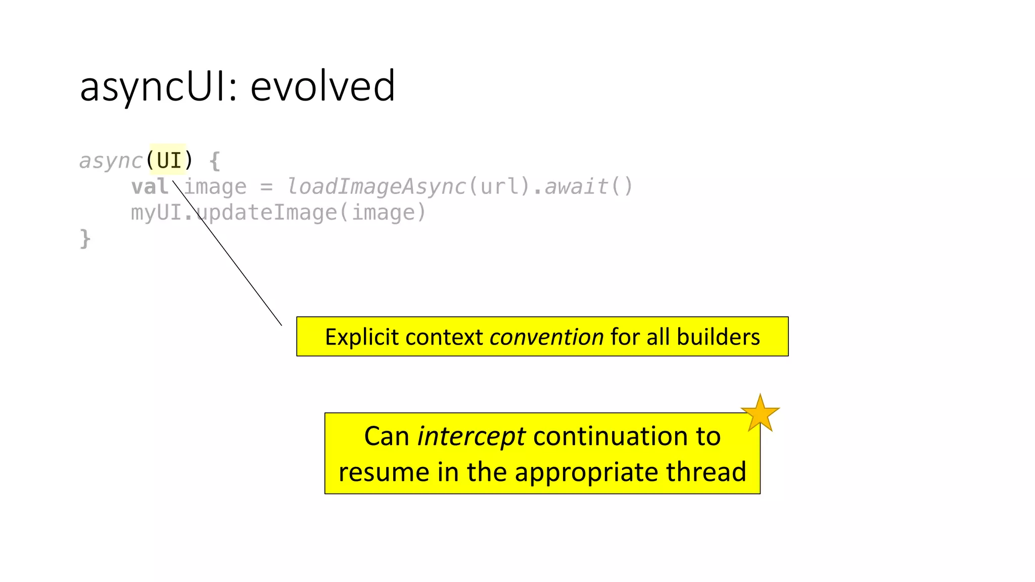asyncUI:	evolved
async(UI) {
val image = loadImageAsync(url).await()
myUI.updateImage(image)
}
Explicit	context	convention for	all	builders
Can	intercept continuation	to	
resume	in	the	appropriate	thread
 