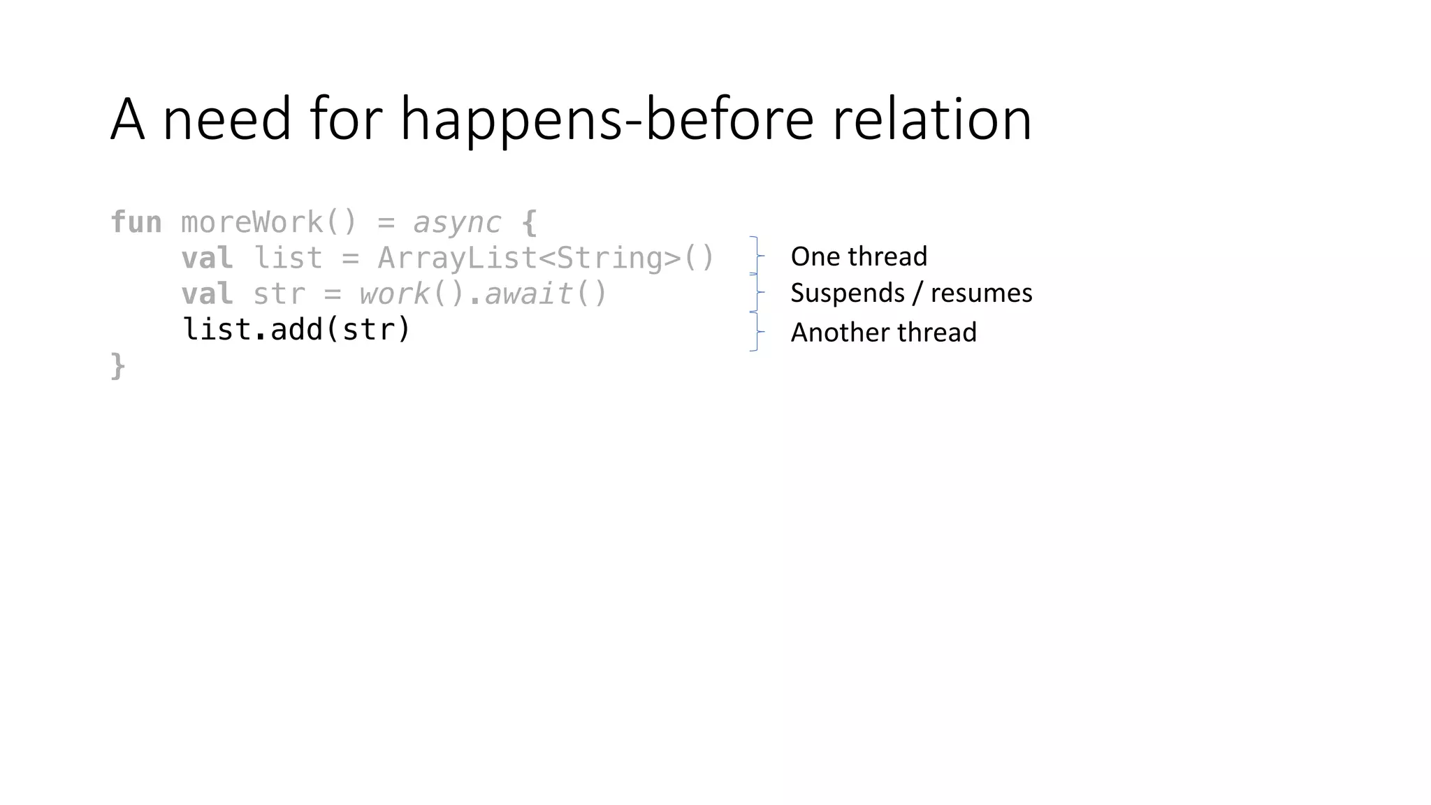 A	need	for	happens-before	relation
fun moreWork() = async {
val list = ArrayList<String>()
val str = work().await()
list.add(str)
}
One	thread
Suspends	/	resumes
Another	thread
 