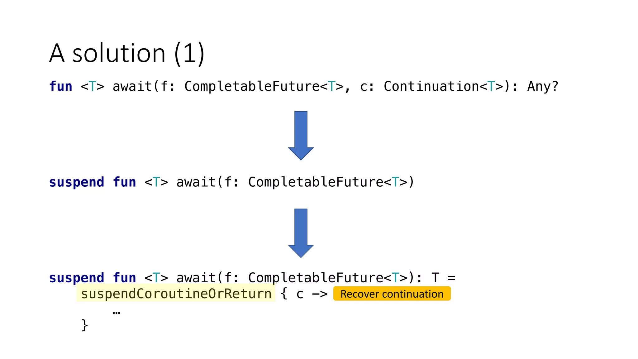 A	solution	(1)
fun <T> await(f: CompletableFuture<T>, c: Continuation<T>): Any?
suspend fun <T> await(f: CompletableFuture<T>)
suspend fun <T> await(f: CompletableFuture<T>): T =
suspendCoroutineOrReturn { c ->
…
}
Recover	continuation
 