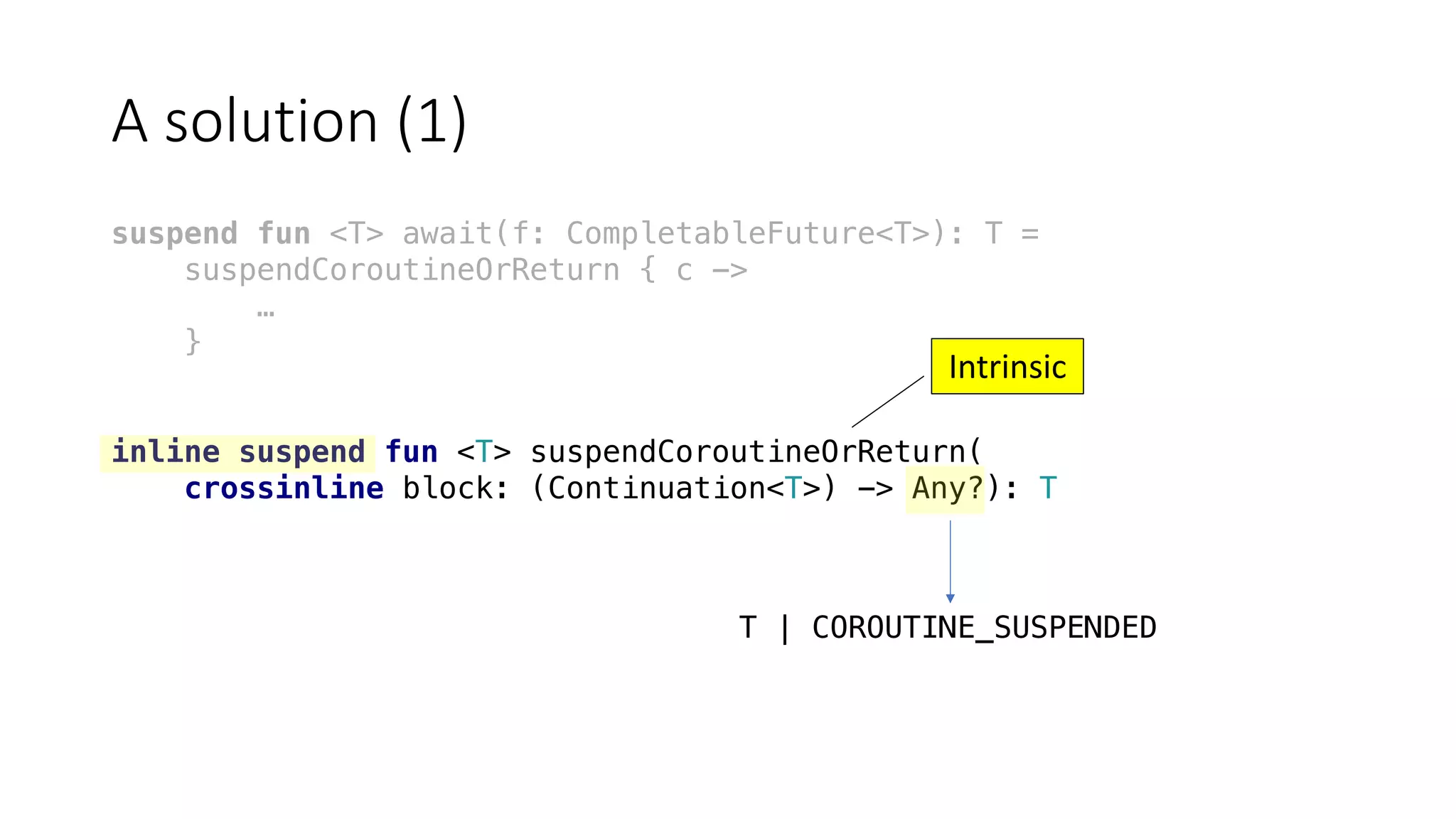 A	solution	(1)
suspend fun <T> await(f: CompletableFuture<T>): T =
suspendCoroutineOrReturn { c ->
…
}
inline suspend fun <T> suspendCoroutineOrReturn(
crossinline block: (Continuation<T>) -> Any?): T
Intrinsic
T | COROUTINE_SUSPENDED
 