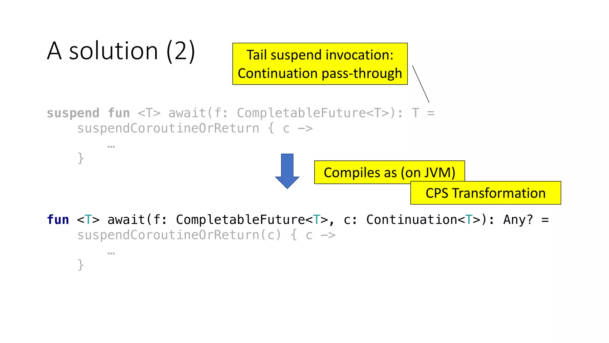 A	solution	(2)
suspend fun <T> await(f: CompletableFuture<T>): T =
suspendCoroutineOrReturn { c ->
…
}
fun <T> await(f: CompletableFuture<T>, c: Continuation<T>): Any? =
suspendCoroutineOrReturn(c) { c ->
…
}
Tail	suspend	invocation:
Continuation	pass-through
Compiles	as	(on	JVM)
CPS	Transformation
 