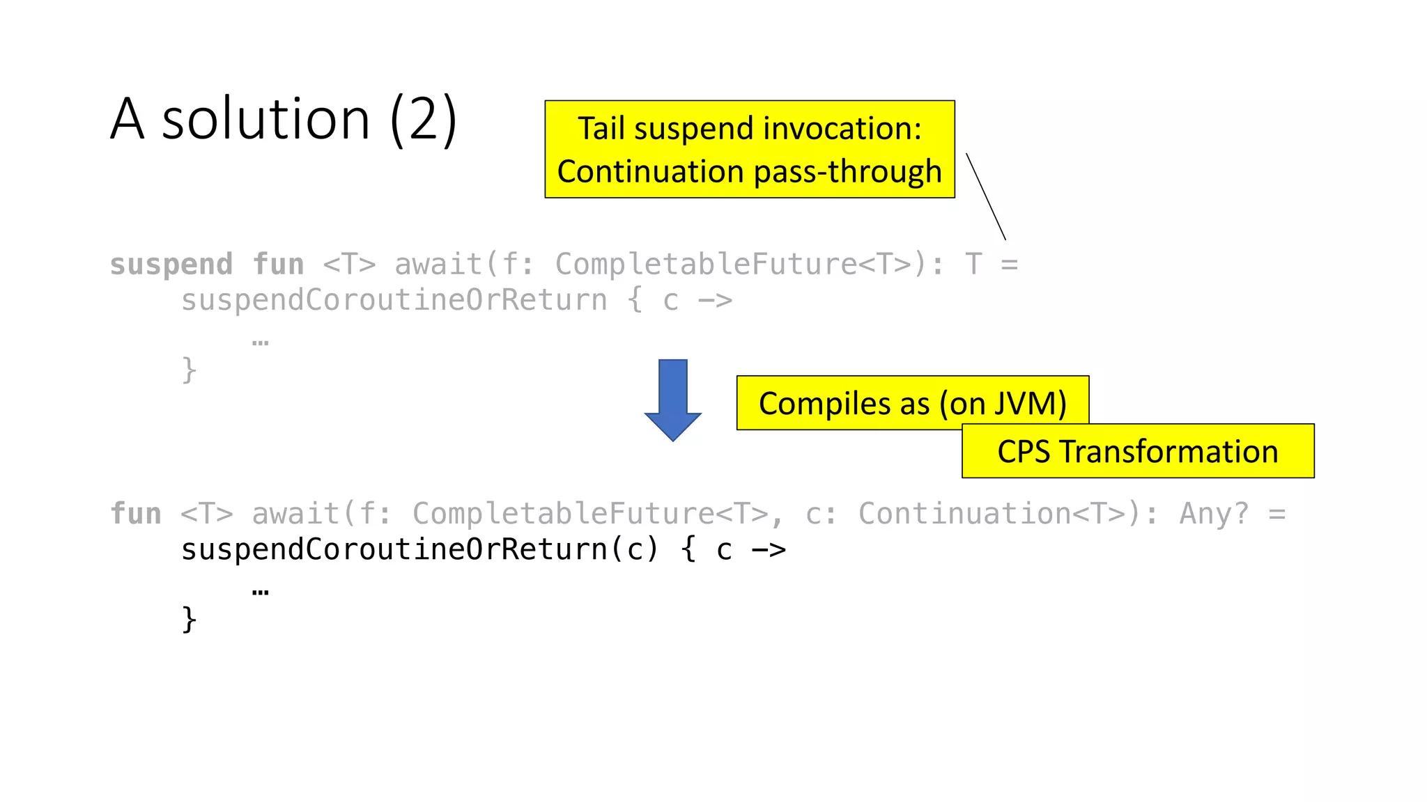 A	solution	(2)
suspend fun <T> await(f: CompletableFuture<T>): T =
suspendCoroutineOrReturn { c ->
…
}
fun <T> await(f: CompletableFuture<T>, c: Continuation<T>): Any? =
suspendCoroutineOrReturn(c) { c ->
…
}
Tail	suspend	invocation:
Continuation	pass-through
Compiles	as	(on	JVM)
CPS	Transformation
 