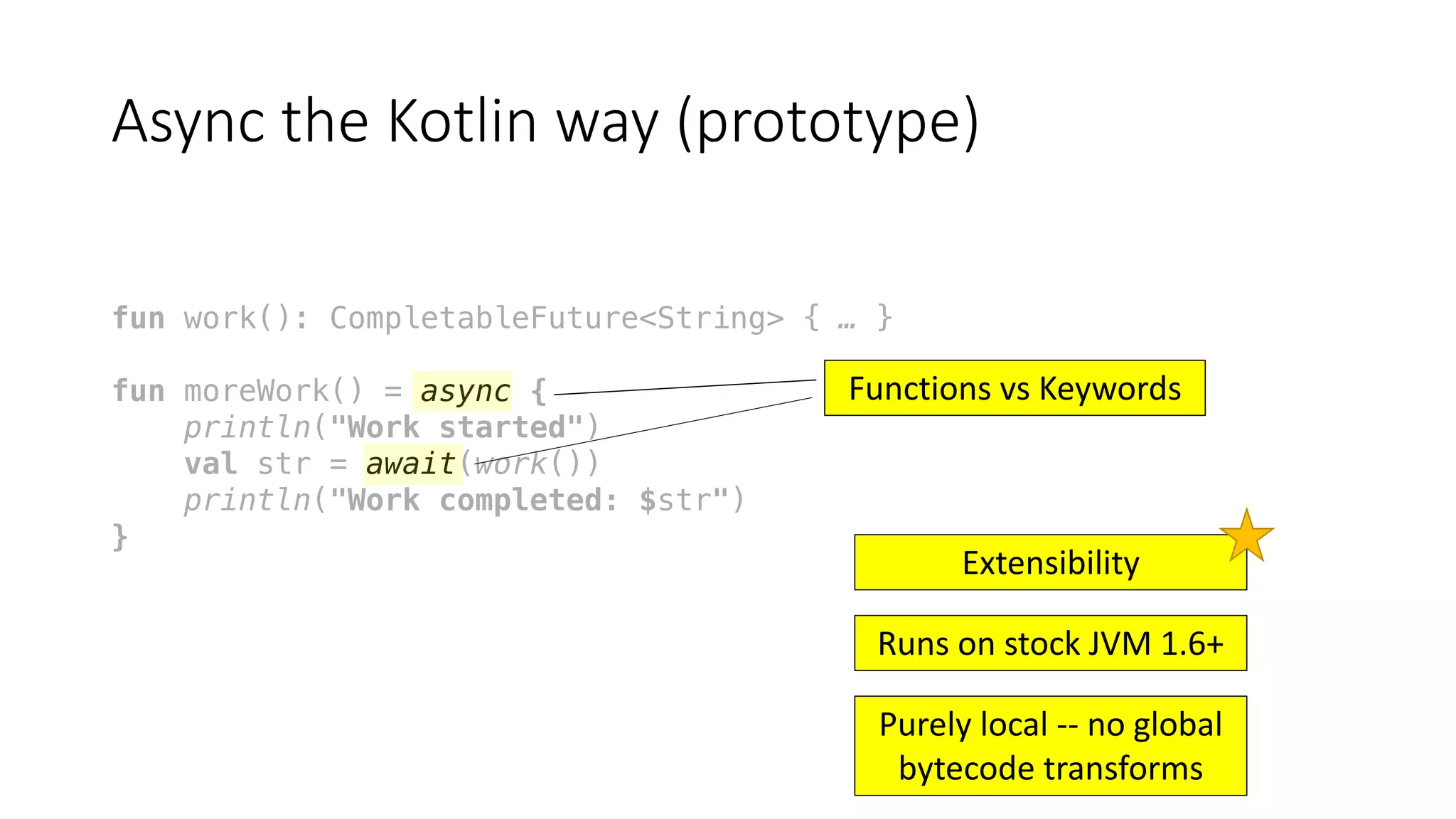 Async	the	Kotlin	way	(prototype)
fun work(): CompletableFuture<String> { … }
fun moreWork() = async {
println("Work started")
val str = await(work())
println("Work completed: $str")
}
Functions	vs	Keywords
Extensibility
Runs	on	stock	JVM	1.6+
Purely	local	-- no	global	
bytecode	transforms
 
