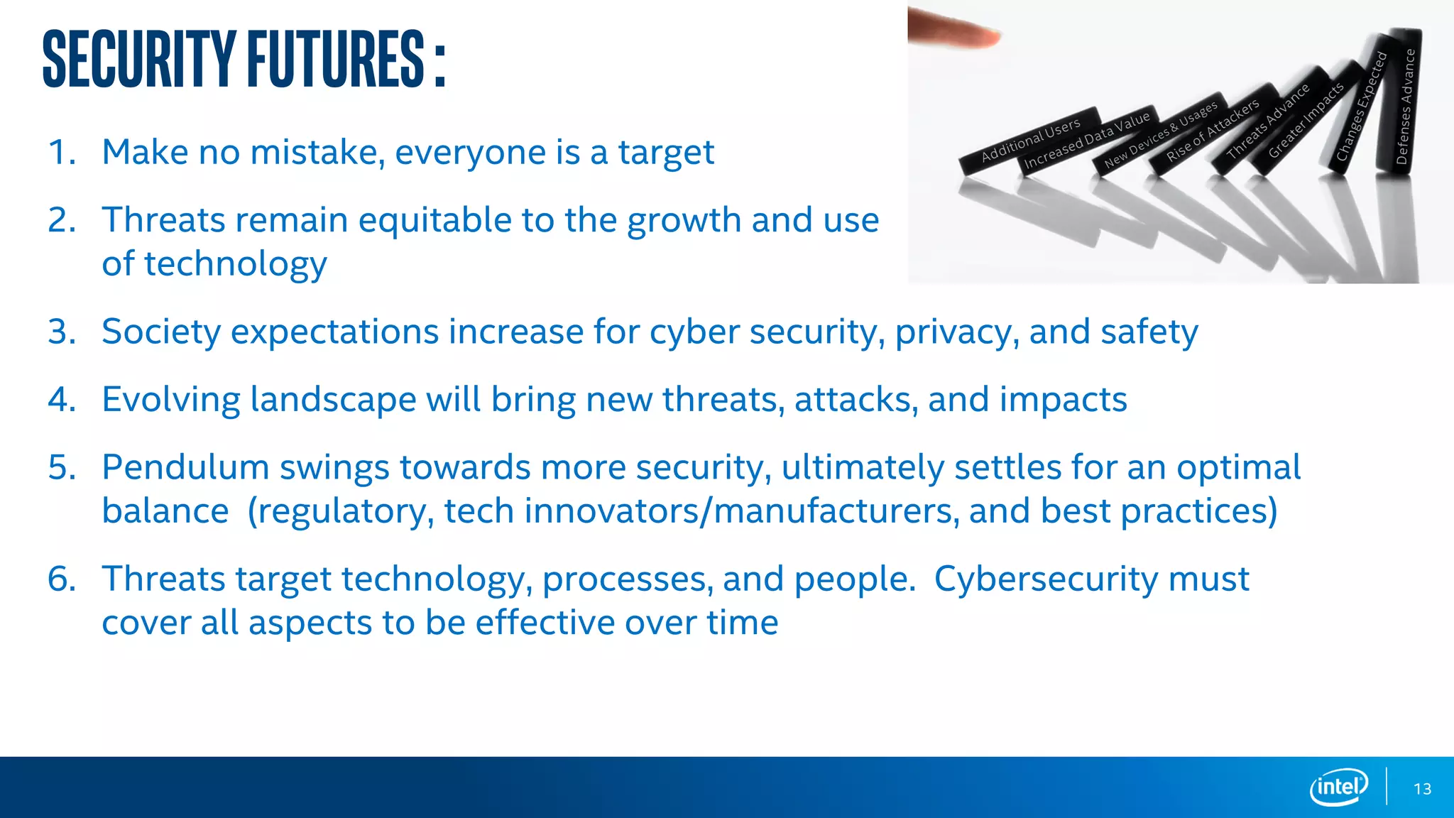 SecurityFutures:
13
1. Make no mistake, everyone is a target
2. Threats remain equitable to the growth and use
of technology
3. Society expectations increase for cyber security, privacy, and safety
4. Evolving landscape will bring new threats, attacks, and impacts
5. Pendulum swings towards more security, ultimately settles for an optimal
balance (regulatory, tech innovators/manufacturers, and best practices)
6. Threats target technology, processes, and people. Cybersecurity must
cover all aspects to be effective over time
 