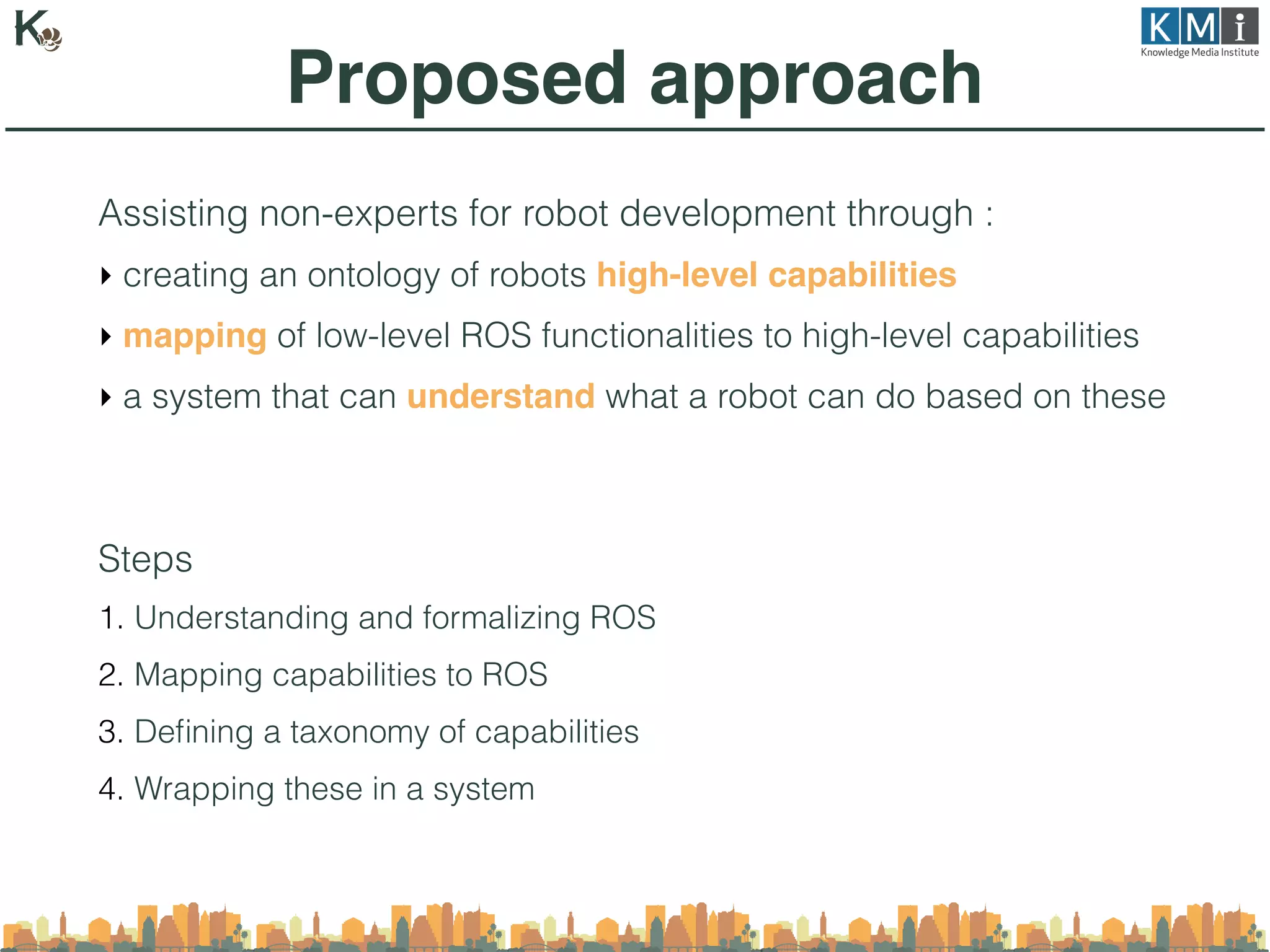 Assisting non-experts for robot development through :
‣ creating an ontology of robots high-level capabilities
‣ mapping of low-level ROS functionalities to high-level capabilities
‣ a system that can understand what a robot can do based on these
Steps
1. Understanding and formalizing ROS
2. Mapping capabilities to ROS
3. Deﬁning a taxonomy of capabilities
4. Wrapping these in a system
Proposed approach
 