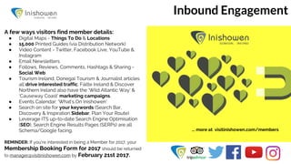 Inbound Engagement
A few ways visitors find member details:
● Digital Maps - Things To Do & Locations
● 15,000 Printed Guides (via Distribution Network)
● Video Content - Twitter, Facebook Live, YouTube &
Instagram
● Email Newsletters
● Follows, Reviews, Comments, Hashtags & Sharing -
Social Web
● Tourism Ireland, Donegal Tourism & Journalist articles
all drive interested traffic. Fáilte Ireland & Discover
Northern Ireland also have the ‘Wild Atlantic Way’ &
‘Causeway Coast’ marketing campaigns.
● Events Calendar: ‘What’s On Inishowen’
● Search on site for your keywords (Search Bar,
Discovery & Inspiration Sidebar, Plan Your Route)
● Leverage ITS up-to-date Search Engine Optimisation
(SEO), Search Engine Results Pages (SERPs) are all
Schema/Google facing.
REMINDER: If you're interested in being a Member for 2017, your
Membership Booking Form for 2017 should be returned
to manager@visitinishowen.com by February 21st 2017.
... more at visitinishowen.com/members
 