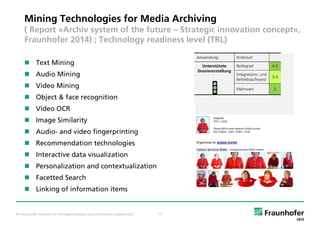 © Fraunhofer Institute for Intelligent Analysis and Information Systems IAIS 10
Mining Technologies for Media Archiving
( ...