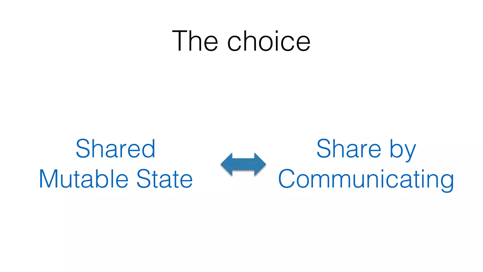 The choice
Shared
Mutable State
Share by
Communicating
 