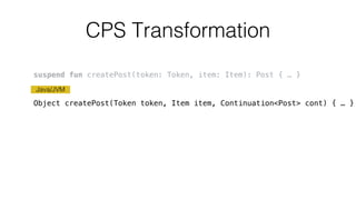 CPS Transformation
Java/JVM
suspend fun createPost(token: Token, item: Item): Post { … }
Object createPost(Token token, Item item, Continuation<Post> cont) { … }
 