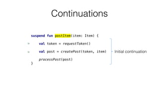 Continuations
suspend fun postItem(item: Item) {
val token = requestToken()
val post = createPost(token, item)
processPost(post)
}
Initial continuation
 
