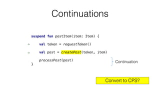 Continuations
suspend fun postItem(item: Item) {
val token = requestToken()
val post = createPost(token, item)
processPost(post)
}
Continuation
Convert to CPS?
 
