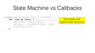 State Machine vs Callbacks
suspend fun postItems(items: List<Item>) {
for (item in items) {
val token = requestToken()
val post = createPost(token, item)
processPost(post)
}
}
Easy loops and
higher-order functions
 