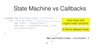 State Machine vs Callbacks
fun postItems(items: List<Item>) {
…
}
suspend fun postItems(items: List<Item>) {
for (item in items) {
val token = requestToken()
val post = createPost(token, item)
processPost(post)
}
}
A horrid callback mess
Easy loops and
higher-order functions
 