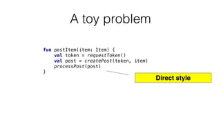 A toy problem
fun postItem(item: Item) {
val token = requestToken()
val post = createPost(token, item)
processPost(post)
}
Direct style
 