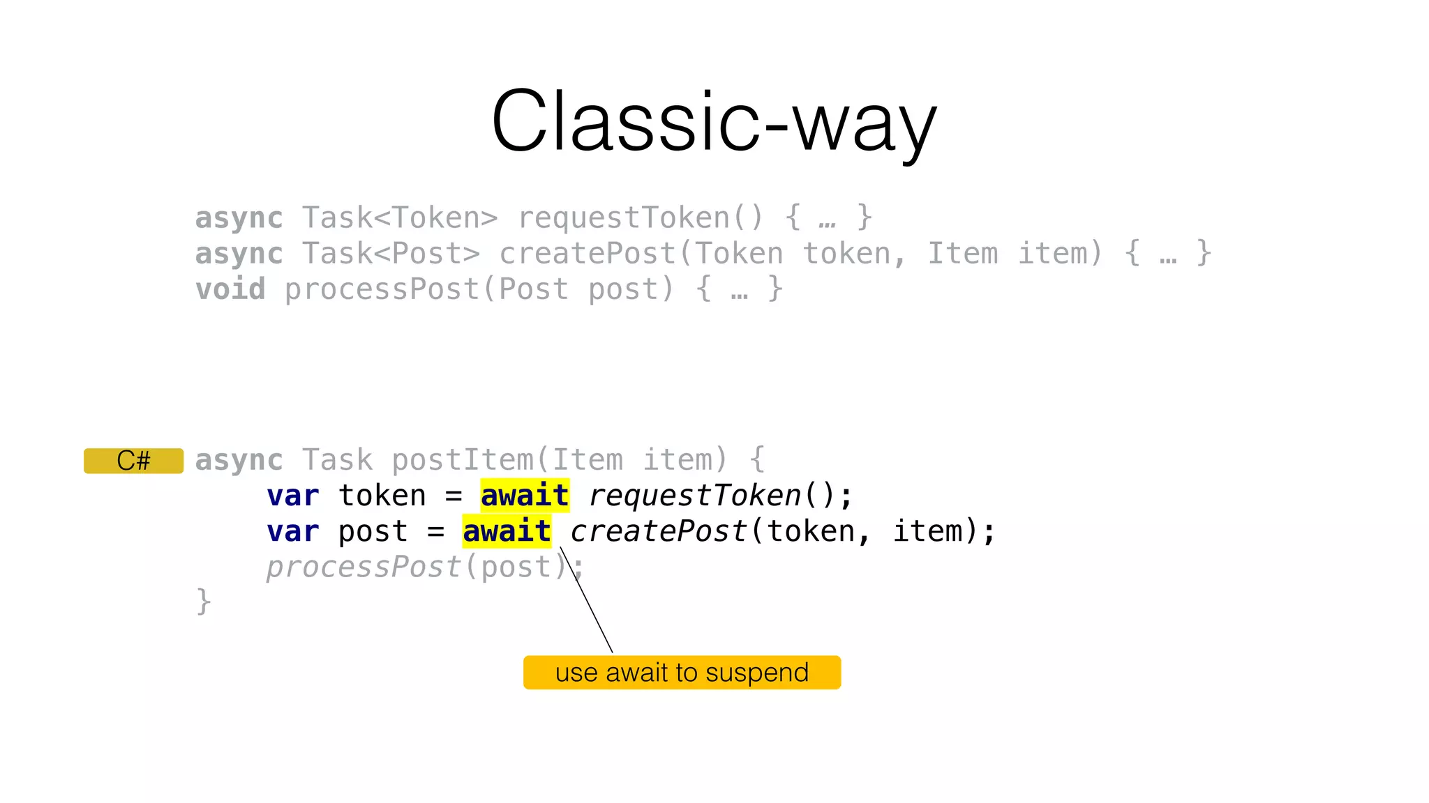 async Task postItem(Item item) {
var token = await requestToken();
var post = await createPost(token, item);
processPost(post);
}
Classic-way
use await to suspend
C#
async Task<Token> requestToken() { … }
async Task<Post> createPost(Token token, Item item) { … }
void processPost(Post post) { … }
 