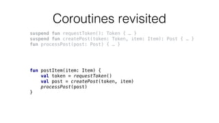Coroutines revisited
suspend fun requestToken(): Token { … }
suspend fun createPost(token: Token, item: Item): Post { … }
fun processPost(post: Post) { … }
fun postItem(item: Item) {
val token = requestToken()
val post = createPost(token, item)
processPost(post)
}
 