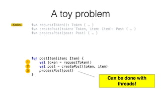 fun requestToken(): Token { … }
fun createPost(token: Token, item: Item): Post { … }
fun processPost(post: Post) { … }
A toy problem
fun postItem(item: Item) {
val token = requestToken()
val post = createPost(token, item)
processPost(post)
}
1
2
3
Can be done with
threads!
Kotlin
 