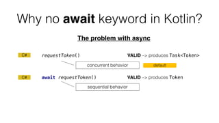 Why no await keyword in Kotlin?
The problem with async
requestToken() VALID –> produces Task<Token>
await requestToken() VALID –> produces Token
concurrent behavior
sequential behavior
C#
C#
default
 