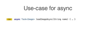 Use-case for async
async Task<Image> loadImageAsync(String name) { … }C#
 