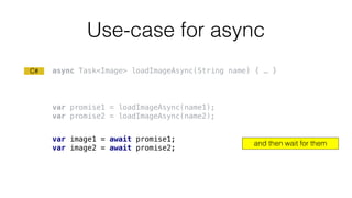 Use-case for async
var promise1 = loadImageAsync(name1);
var promise2 = loadImageAsync(name2);
var image1 = await promise1;
var image2 = await promise2;
async Task<Image> loadImageAsync(String name) { … }
and then wait for them
C#
 