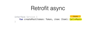 Retrofit async
interface Service {
fun createPost(token: Token, item: Item): Call<Post>
}
future
 