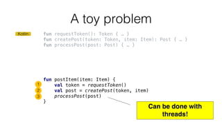 fun requestToken(): Token { … }
fun createPost(token: Token, item: Item): Post { … }
fun processPost(post: Post) { … }
A t...