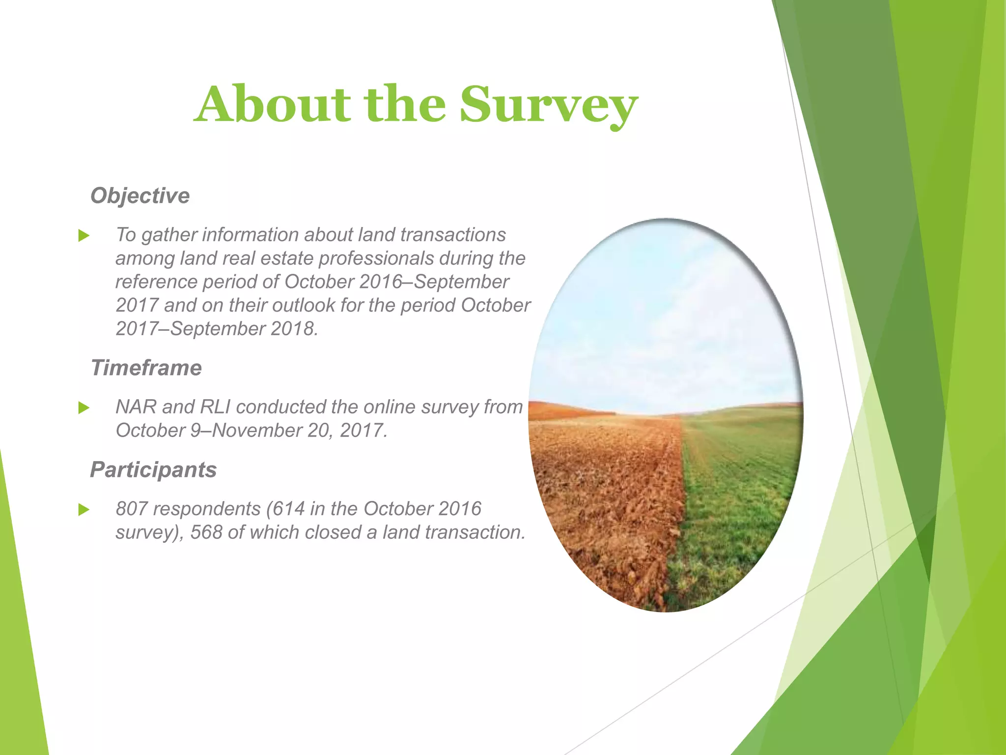 About the Survey
Objective
 To gather information about land transactions
among land real estate professionals during the
reference period of October 2016–September
2017 and on their outlook for the period October
2017–September 2018.
Timeframe
 NAR and RLI conducted the online survey from
October 9–November 20, 2017.
Participants
 807 respondents (614 in the October 2016
survey), 568 of which closed a land transaction.
 