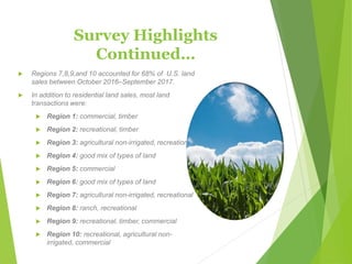 Survey Highlights
Continued…
 Regions 7,8,9,and 10 accounted for 68% of U.S. land
sales between October 2016‒September 2017.
 In addition to residential land sales, most land
transactions were:
 Region 1: commercial, timber
 Region 2: recreational, timber
 Region 3: agricultural non-irrigated, recreational
 Region 4: good mix of types of land
 Region 5: commercial
 Region 6: good mix of types of land
 Region 7: agricultural non-irrigated, recreational
 Region 8: ranch, recreational
 Region 9: recreational, timber, commercial
 Region 10: recreational, agricultural non-
irrigated, commercial
 