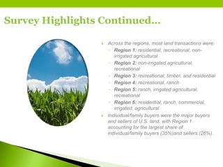 Survey Highlights Continued…
 Across the regions, most land transactions were:
◦ Region 1: residential, recreational, non-
irrigated agricultural
◦ Region 2: non-irrigated agricultural,
recreational
◦ Region 3: recreational, timber, and residential
◦ Region 4: recreational, ranch
◦ Region 5: ranch, irrigated agricultural,
recreational
◦ Region 6: residential, ranch, commercial,
irrigated, agricultural
 Individual/family buyers were the major buyers
and sellers of U.S. land, with Region 1
accounting for the largest share of
individual/family buyers (35%)and sellers (26%).
 