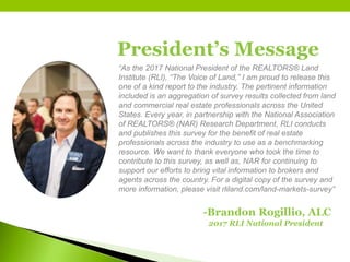 President’s Message
“As the 2017 National President of the REALTORS® Land
Institute (RLI), “The Voice of Land,” I am proud to release this
one of a kind report to the industry. The pertinent information
included is an aggregation of survey results collected from land
and commercial real estate professionals across the United
States. Every year, in partnership with the National Association
of REALTORS® (NAR) Research Department, RLI conducts
and publishes this survey for the benefit of real estate
professionals across the industry to use as a benchmarking
resource. We want to thank everyone who took the time to
contribute to this survey, as well as, NAR for continuing to
support our efforts to bring vital information to brokers and
agents across the country. For a digital copy of the survey and
more information, please visit rliland.com/land-markets-survey”
-Brandon Rogillio, ALC
2017 RLI National President
 