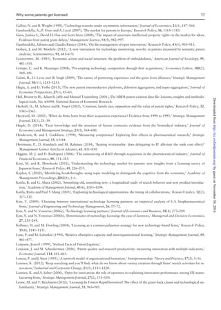 Gallini, N. and B. Wright (1990), ‘Technology transfer under asymmetric information,’ Journal of Economics, 21(1), 147–160.
Gambardella, A., P. Giuri and A. Luzzi (2007), ‘The market for patents in Europe,’ Research Policy, 36, 1163–1183.
Gans, Joshua S., David H. Hsu and Scott Stern (2008), ‘The impact of uncertain intellectual property rights on the market for ideas:
Evidence from patent grant delays,’ Management Science, 54(5), 982–997.
Gambardella, Alfonso and Claudio Panico (2014), ‘On the management of open innovation,’ Research Policy, 43(5), 903–913.
Gerken, J. and M. Moehrle (2012), ‘A new instrument for technology monitoring: novelty in patents measured by semantic patent
analysis,’ Scientometrics, 91, 645–670.
Granovetter, M. (1985), ‘Economic action and social structure: the problem of embeddedness,’ American Journal of Sociology, 91,
481–510.
Grimpe, C. and K. Hussinger (2008), ‘Pre-empting technology competition through ﬁrm acquisitions,’ Economics Letters, 100(2),
189–191.
Gulati, R., D. Lavie and H. Singh (2009), ‘The nature of partnering experience and the gains from alliances,’ Strategic Management
Journal, 30(11), 1213–1233.
Hagiu, A. and D. Yofﬁe (2013), ‘The new patent intermediaries: platforms, defensive aggregators, and super-aggregators,’ Journal of
Economic Perspectives, 27(1), 45–65.
Hall, Bronwyn H., Adam B. Jaffe and Manuel Trajtenberg (2001), The NBER patent citation data ﬁle: Lessons, insights and methodo-
logical tools. No. w8498. National Bureau of Economic Research.
Harhoff, D., M. Scherer and K. Vopel (2003), ‘Citations, family size, opposition and the value of patent rights,’ Research Policy, 32,
1343–1363.
Hayward, M. (2002), ‘When do ﬁrms learn from their acquisition experience? Evidence from 1990 to 1995,’ Strategic Management
Journal, 23(1), 21–39.
Hegde, D. (2014), ‘Tacit knowledge and the structure of license contracts: evidence from the biomedical industry,’ Journal of
Economics and Management Strategy, 23(3), 568–600.
Henderson, R. and I. Cockburn. (1994), ‘Measuring competence? Exploring ﬁrm effects in pharmaceutical research,’ Strategic
Management Journal, 15, 63–84.
Herrmann, P., D. Kundisch and M. Rahman (2014), ‘Beating irrationality: does delegating to IT alleviate the sunk cost effect?’
Management Science Articles in Advance, 61, 831–850.
Higgins, M. J. and D. Rodriguez (2006), ‘The outsourcing of RD through acquisition in the pharmaceutical industry,’ Journal of
Financial Economics, 80, 351–383.
Kani, M. and K. Motohashi (2012), ‘Understanding the technology market for patents: new insights from a licensing survey of
Japanese ﬁrms,’ Research Policy, 41, 226–235.
Kaplan, S. (2012), ‘Identifying breakthroughs: using topic modeling to distinguish the cognitive from the economic,’ Academy of
Management Proceedings, 2012(1), 1–1.
Katila, R. and G. Ahuja (2002), ‘Something old, something new: a longitudinal study of search behavior and new product introduc-
tion,’ Academy of Management Journal, 45(6), 1183–1194.
Katila, Riitta and Paul Y Mang (2003), ‘Exploiting technological opportunities: the timing of collaborations,’ Research policy, 32(2),
317–332.
Kim, Y. (2009), ‘Choosing between international technology licensing partners: an empirical analysis of U.S. biopharmaceutical
ﬁrms,’ Journal of Engineering and Technology Management, 26, 57–72.
Kim, Y. and N. Vonortas (2006a), ‘Technology licensing partners,’ Journal of Economics and Business, 58(4), 273–289.
Kim, Y. and N. Vonortas (2006b), ‘Determinants of technology licensing: the case of licensors,’ Managerial and Decision Economics,
27, 235–249.
Kollmer, H. and M. Dowling (2004), ‘Licensing as a commercialisation strategy for new technology-based ﬁrms,’ Research Policy,
33(8), 1141–1151.
Lane, P. and M. Lubatkin (1998), ‘Relative absorptive capacity and interorganizational learning,’ Strategic Management Journal, 19,
461–477.
Lanjouw, Jean O (1999), ‘Stylized Facts of Patent Ligation,’.
Lanjouw, J. and M. Schankerman (2004), ‘Patent quality and research productivity: measuring innovation with multiple indicators,’
Economic Journal, 114, 441–465.
Larson, P. and J. Starr (1993), ‘A network model of organizational formation,’ Entrepreneurship: Theory and Practice, 17(2), 5–16.
Laursen, K. (2012), ‘Keep searching and you’ll ﬁnd: what do we know about variety creation through ﬁrms’ search activities for in-
novation,’ Industrial and Corporate Change, 21(5), 1181–1220.
Laursen, K. and A. Salter (2006), ‘Open for innovation: the role of openness in explaining innovation performance among UK manu-
facturing ﬁrms,’ Strategic Management Journal, 27(2), 131–150.
Leone, M. and T. Reichstein (2012), ‘Licensing-In Fosters Rapid Invention! The effect of the grant-back clause and technological un-
familiarity,’ Strategic Management Journal, 33, 965–985.
Why some patents get licensed 17
byguestonNovember30,2016http://icc.oxfordjournals.org/Downloadedfrom
 