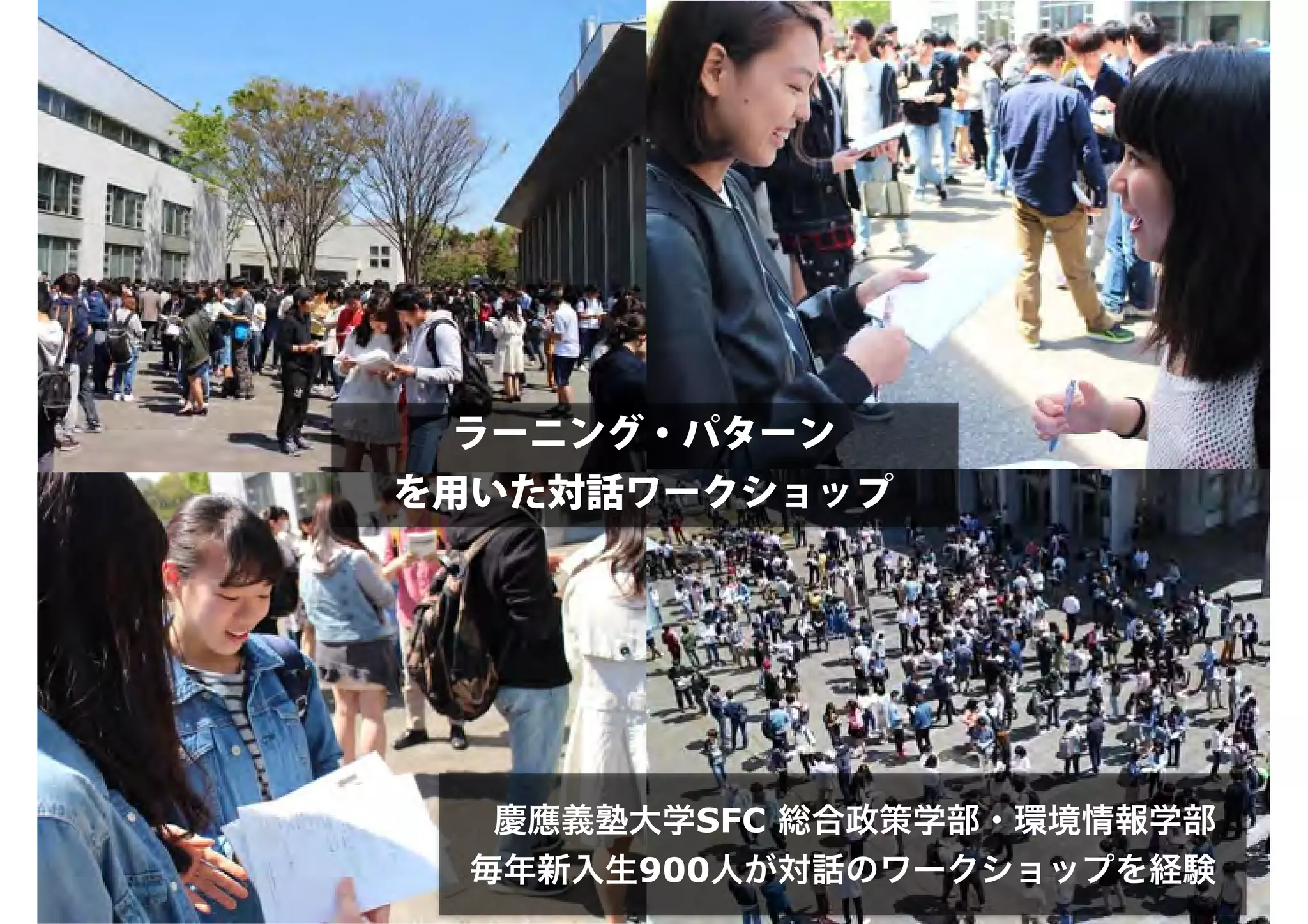 ラーニング・パターン
を用いた対話ワークショップ
慶應義塾大学SFC 総合政策学部・環境情報学部
毎年新入生900人が対話のワークショップを経験
 